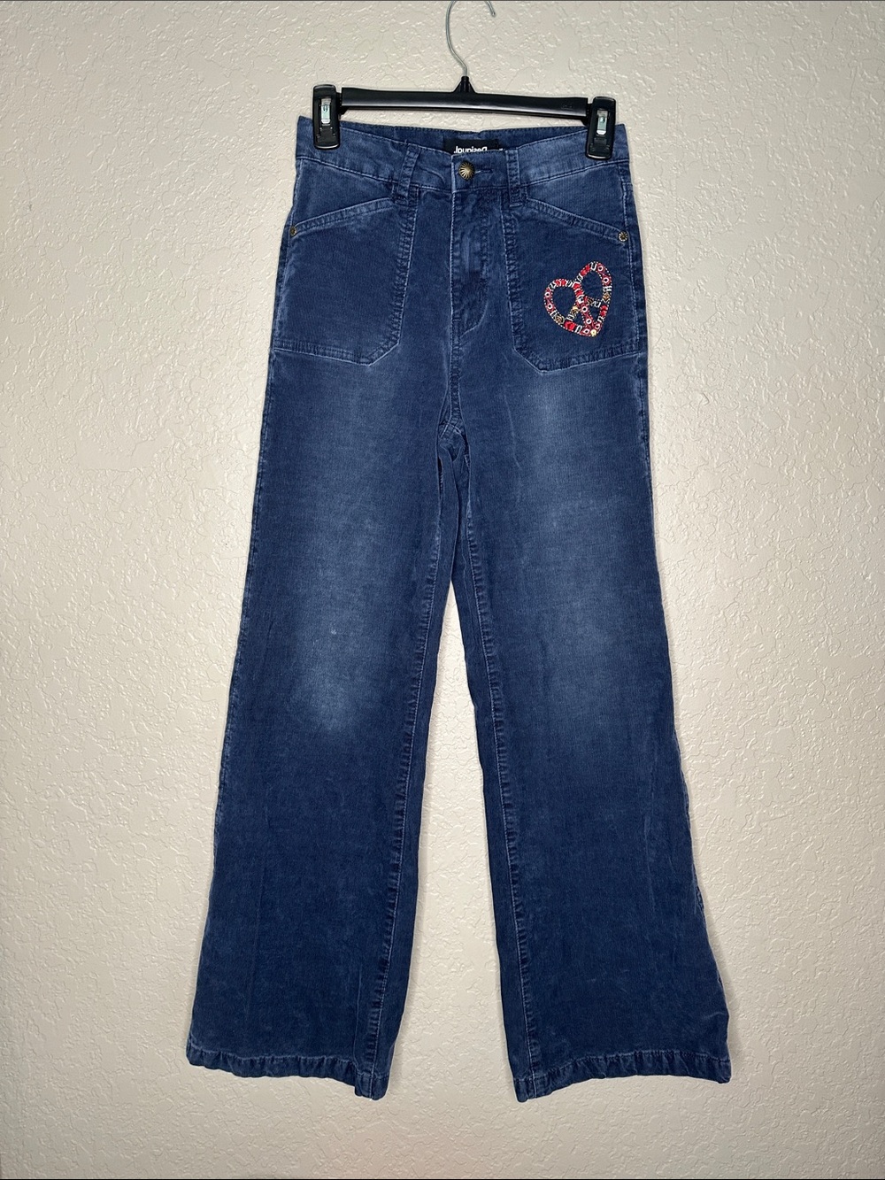 Desigual Blue Corduroy Wide Leg Pants Heart Peace Sign Embroidered High Rise Y2K